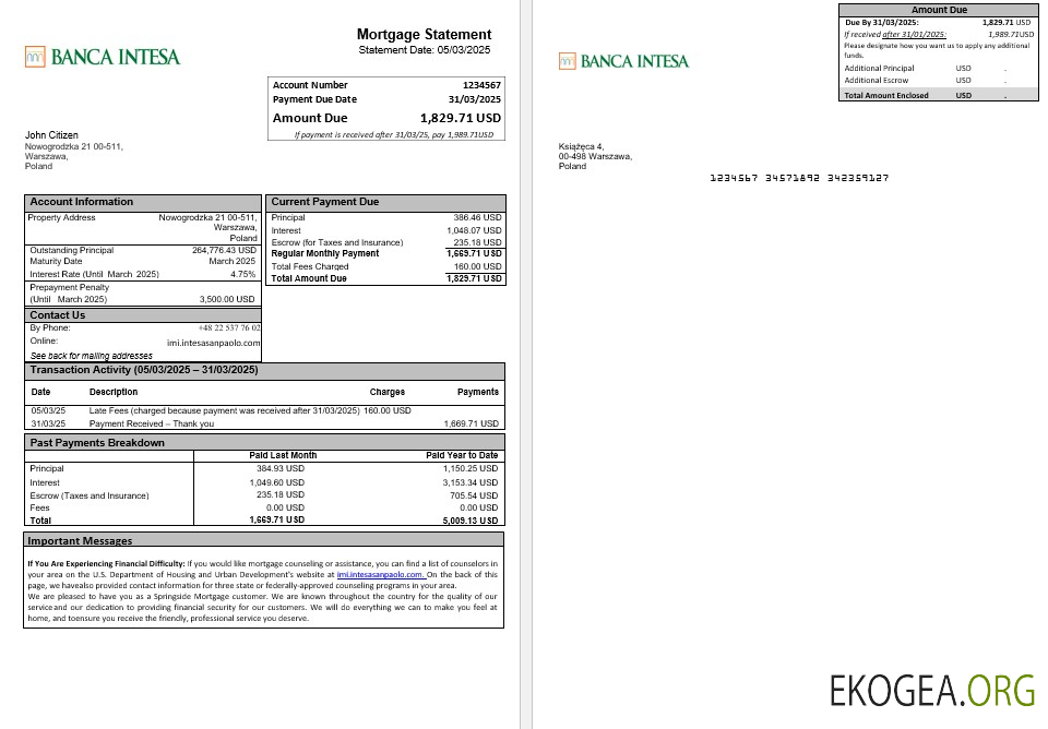 Pologne Relevé hypothécaire de Banca Intesa aux formats Word et PDF